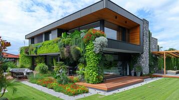 AI generated House Covered in Windows and Plants photo