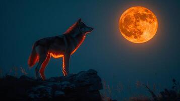 ai generado lobo en pie en colina debajo lleno Luna foto