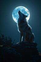 ai generado lobo sentado en rock en frente de lleno Luna foto