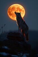 ai generado lobo sentado en rock en frente de lleno Luna foto