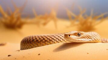 ai generado de cerca detalle de el cabeza de un serpiente de cascabel en Desierto en borroso antecedentes foto