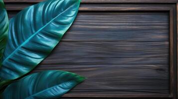 AI generated Exotic leaves on a wooden background. Top view frame photo