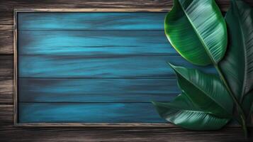 AI generated Exotic leaves on a wooden background. Top view frame photo