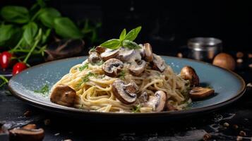 ai generado fetta pasta en un seta salsa servido en un azul plato y adornado con hongos y albahaca verde foto