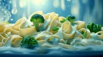 AI generated fettuccine with mushrooms and broccoli photo