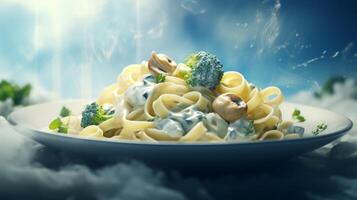 AI generated fettuccine with mushrooms and broccoli photo