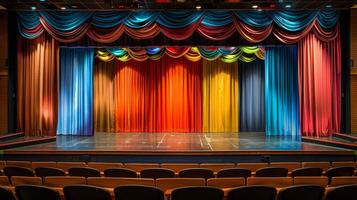 AI generated Brightly Colored Stage With Rows of Blue Chairs photo