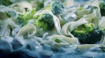 AI generated fettuccine with mushrooms and broccoli photo