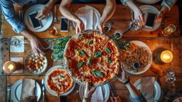 ai generado grupo de personas participación un Pizza en mesa foto