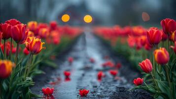 ai generado rojo y amarillo tulipanes en un lluvioso día foto