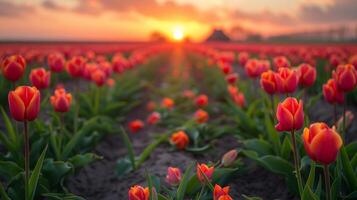 ai generado rojo y amarillo tulipanes en un lluvioso día foto