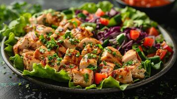 AI generated Plate of Chicken Salad With Lettuce and Tomatoes photo