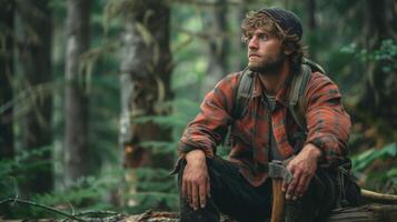 AI generated Man Sitting on Log in Woods photo