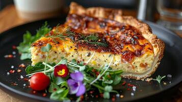 ai generado plato con Quiche y flores foto