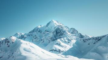 AI generated mountain peak, with snow-capped slopes and a clear blue sky, emphasizing the grandeur photo