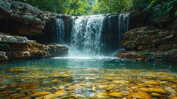 AI generated a waterfall, with crystal-clear water cascading over rocks into a serene pool below photo