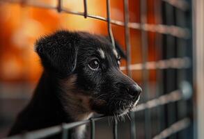 AI generated a black and white puppy in a cage looking out of the window photo