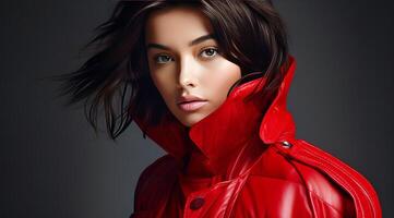 AI generated young woman in red jacket posing for camera photo