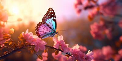 ai generado un mariposa soportes en parte superior de rosado flores como el Dom conjuntos foto