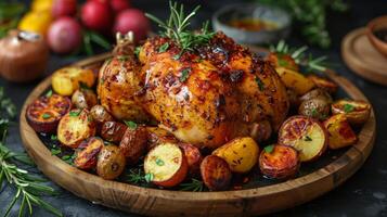 ai generado asado pollo con patatas y hierbas en de madera plato foto