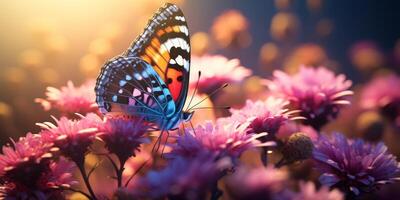 ai generado un mariposa es en algunos rosado flores foto