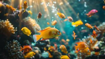 AI generated A mesmerizing shot of a school of colorful fish swimming in a coral reef, their vibrant scales shimmering in the dappled sunligh photo