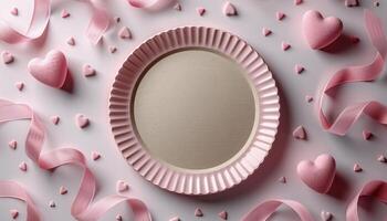 AI generated a cardboard plate surrounded by pink hearts and paper ribbons photo