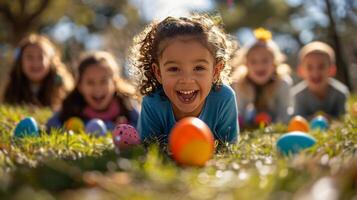 AI generated Little Girl Laying in Grass Surrounded by Easter Eggs photo