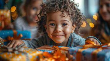 ai generado pequeño niña sentado siguiente a pila de regalos foto