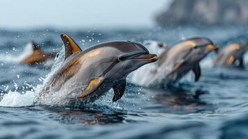 ai generado grupo de delfines nadando en el Oceano foto