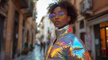 AI generated Stylish Woman in Shiny Jacket and Sunglasses photo
