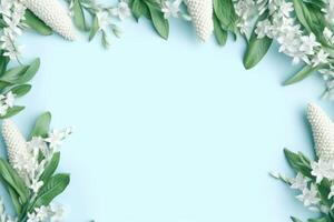 AI generated frame with green fresh sage flowers on blue background white green spring photo