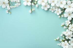 AI generated floral frame of white flowers on a blue background photo