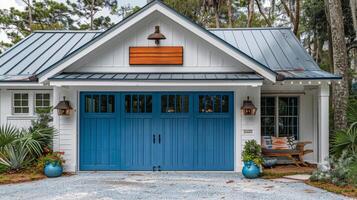 AI generated Blue and White House in the Woods photo