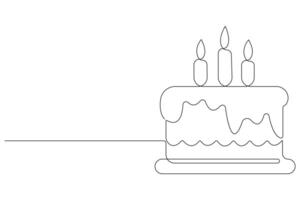 Continuous one line art drawing of birthday cake with cream, candle birthday party symbol of celebration vector