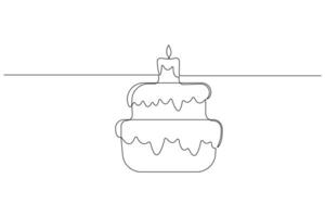 Continuous one line art drawing of birthday cake with cream, candle birthday party symbol of celebration vector