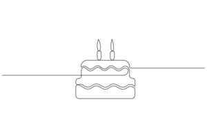 continuo uno línea Arte dibujo de cumpleaños pastel con crema, vela cumpleaños fiesta símbolo de celebracion vector