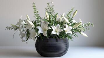 AI generated Elegant White Lilies in a Modern Metal Basket photo
