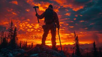 AI generated A powerful image of a silhouette of a lumberjack at sunset photo