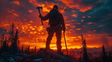 AI generated A powerful image of a silhouette of a lumberjack at sunset photo