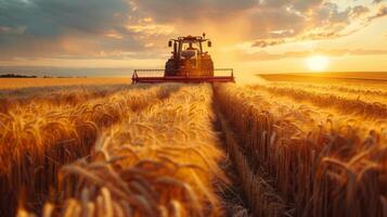 AI generated A tractor driver harvesting crops, with fields of golden wheat stretching out to the horizon and the driver silhouetted against the setting sun photo