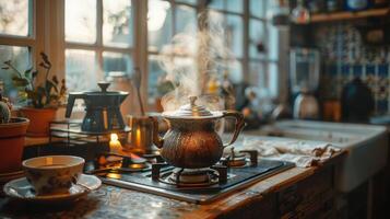 AI generated A nostalgic image of a vintage coffee pot brewing coffee over an open flame photo