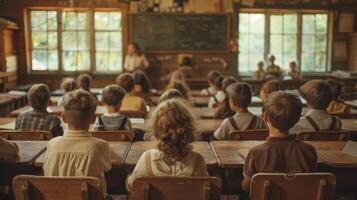 ai generado estudiantes sentado a escritorios en un tradicional colegio salón de clases foto