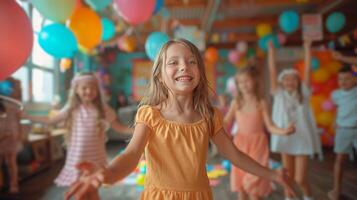 AI generated children engaged in a game of pin the tail on the donkey photo