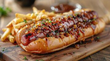 AI generated gourmet hot dog, with a juicy sausage topped with caramelized onions photo