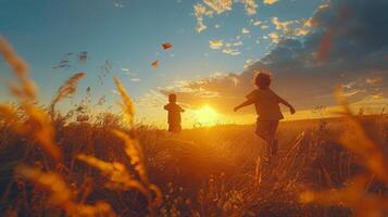 ai generado niños corriendo con cometa a puesta de sol en campo foto