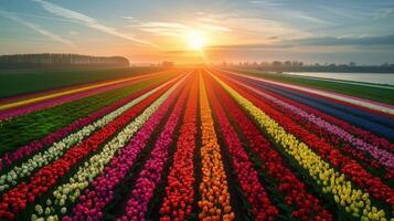 AI generated Sunrise Over Vibrant Tulip Fields photo