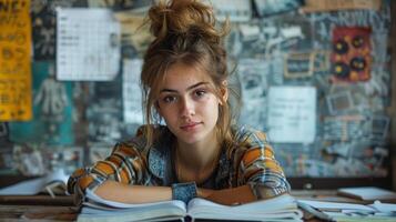 AI generated A motivational photograph of a student studying at a desk, surrounded by textbooks and notes photo