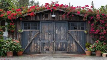 AI generated a wooden garage door with a weathered finish, adding character to a charming country-style home photo