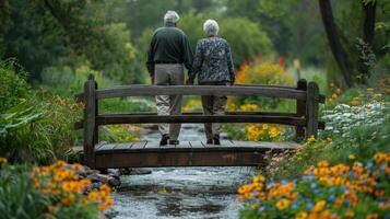 AI generated An elderly couple walking hand in hand across a wooden bridge over a small stream photo